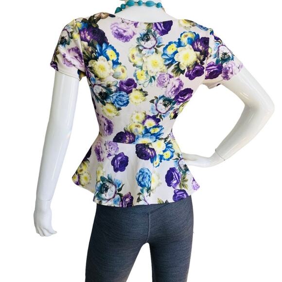 ASOS Purple White Blue Yellow Floral Peplum Top Size 4 - Picture 2 of 3